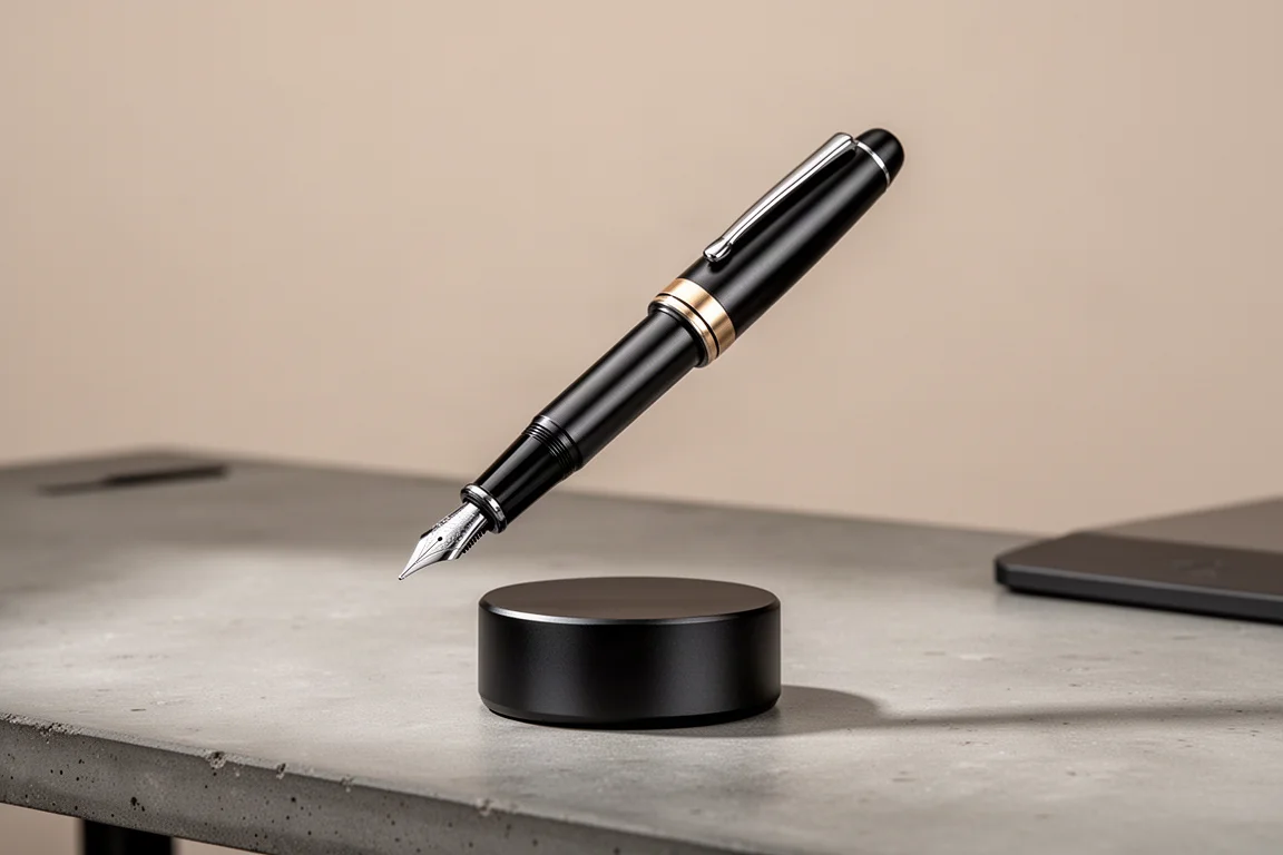Black aluminum fountain pen hovering above a magnetic pedestal