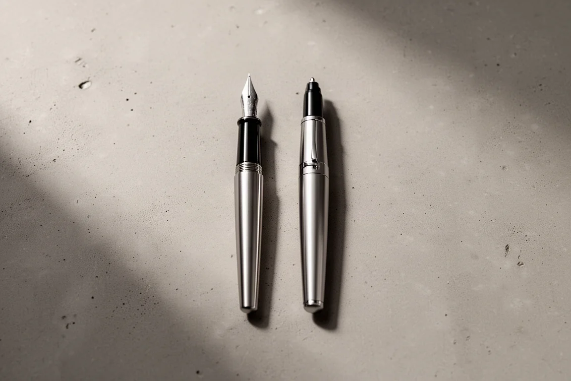 Füllfederhalter- und Rollerball-Griffe nebeneinander auf einem Schreibtisch liegend