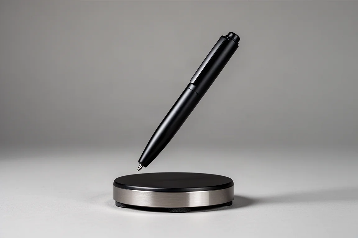 Matte black aluminium pen hovering at a 45 degree angle on a magnetic desk stand