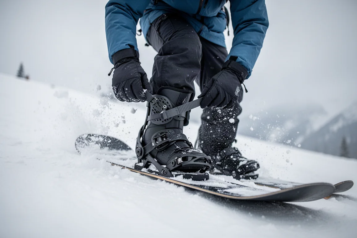Snowboarder drückt einen Boot auf einer verschneiten Piste in eine Bindung, kein Gesicht sichtbar