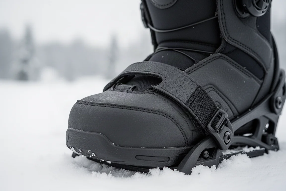 Nahaufnahme einer Snowboard-Boot-Zehenkappe in einem Bindungszehenriemen