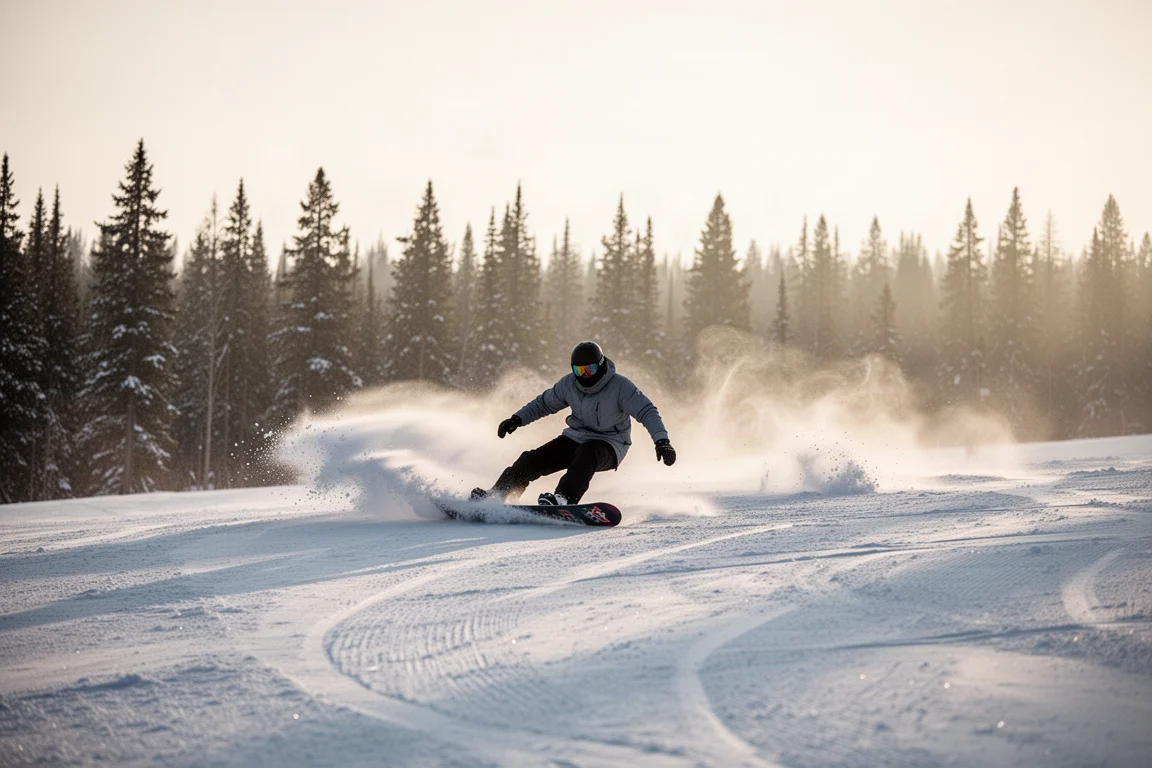 Snowboarder Carving auf einer präparierten Piste mit Schneegischt im Nachmittagslicht
