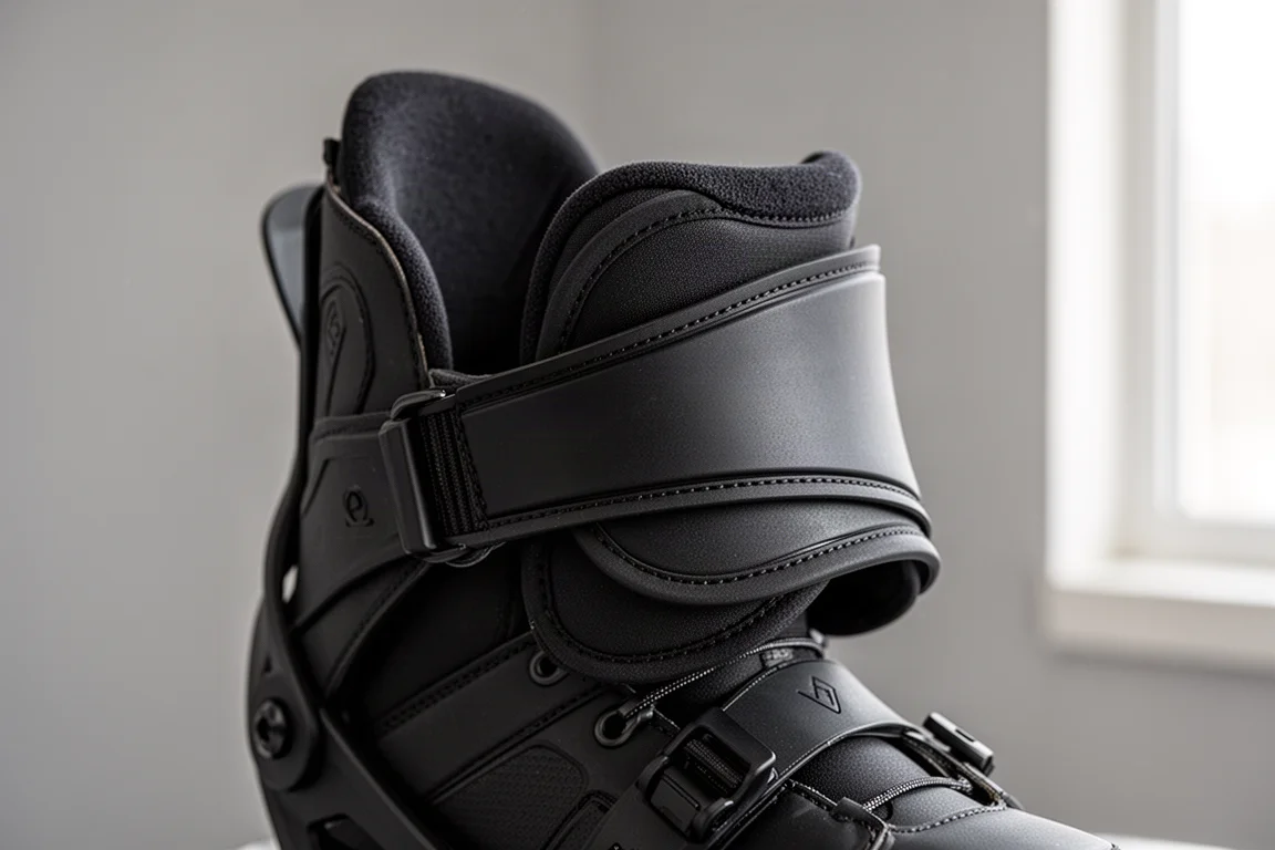 Primer plano de un heel strap de snowboard envuelto alrededor de una bota, mostrando su forma asimétrica