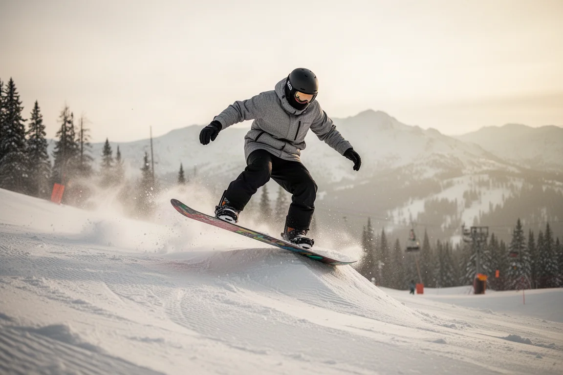 Snowboarder flexionando hacia adelante sobre la tabla mientras recorre una línea de freestyle