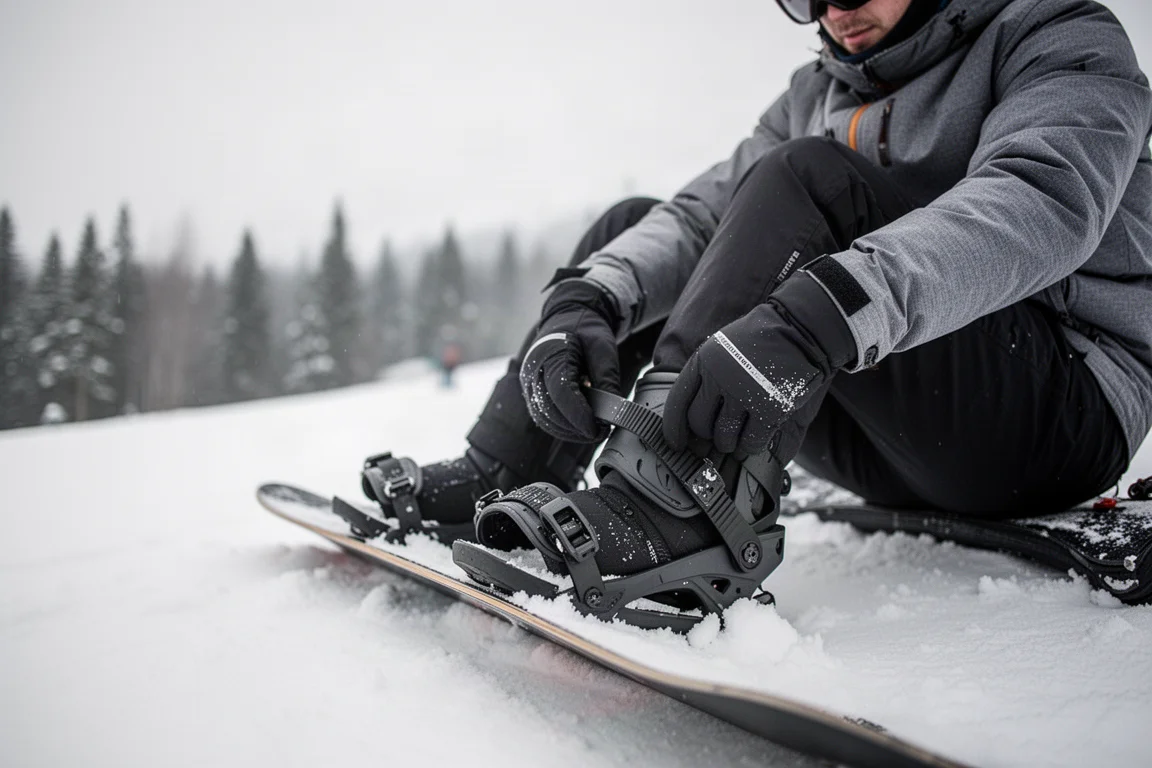 Rider ajustándose las fijaciones de snowboard en una pista nevada