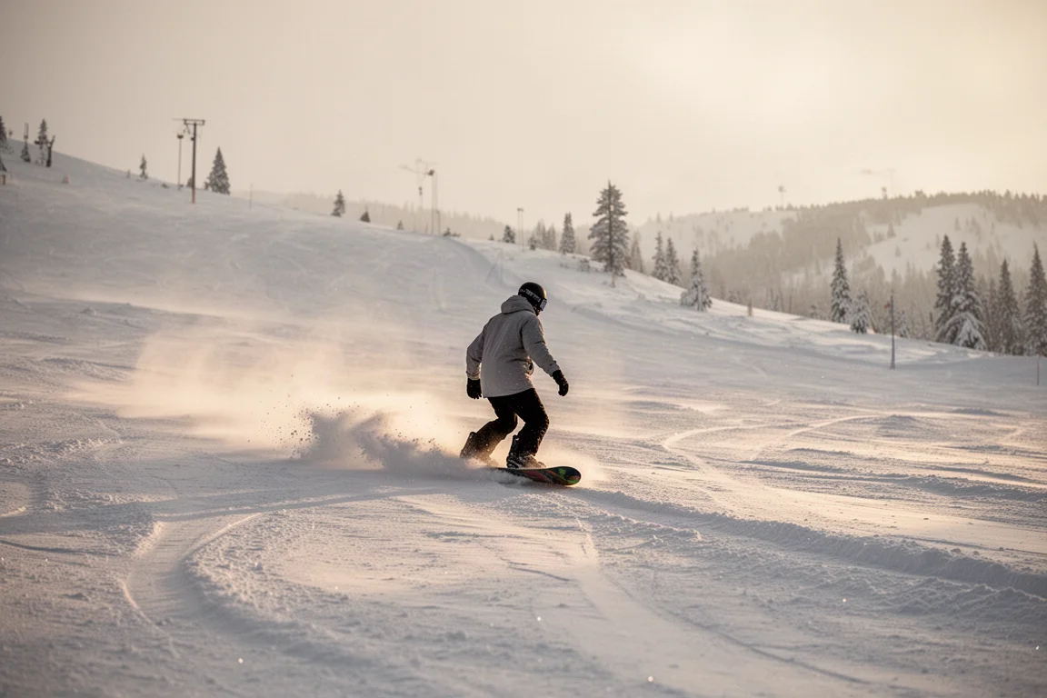 Snowboarder trazando curvas en nieve fresca en un recorrido abierto de montaña