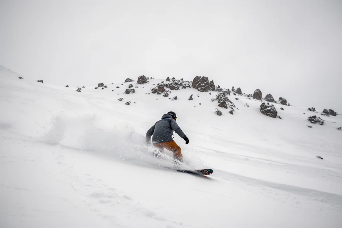 Snowboarder zieht einen weiten Schwung durch frischen Pulverschnee an einem offenen Berghang