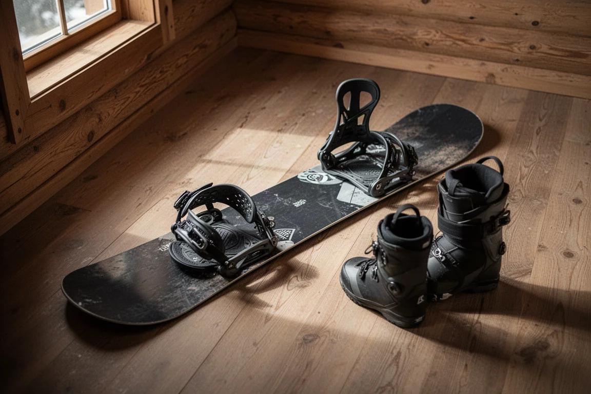 Snowboard-Bindings auf einem Board auf dem Holzfußboden einer Hütte