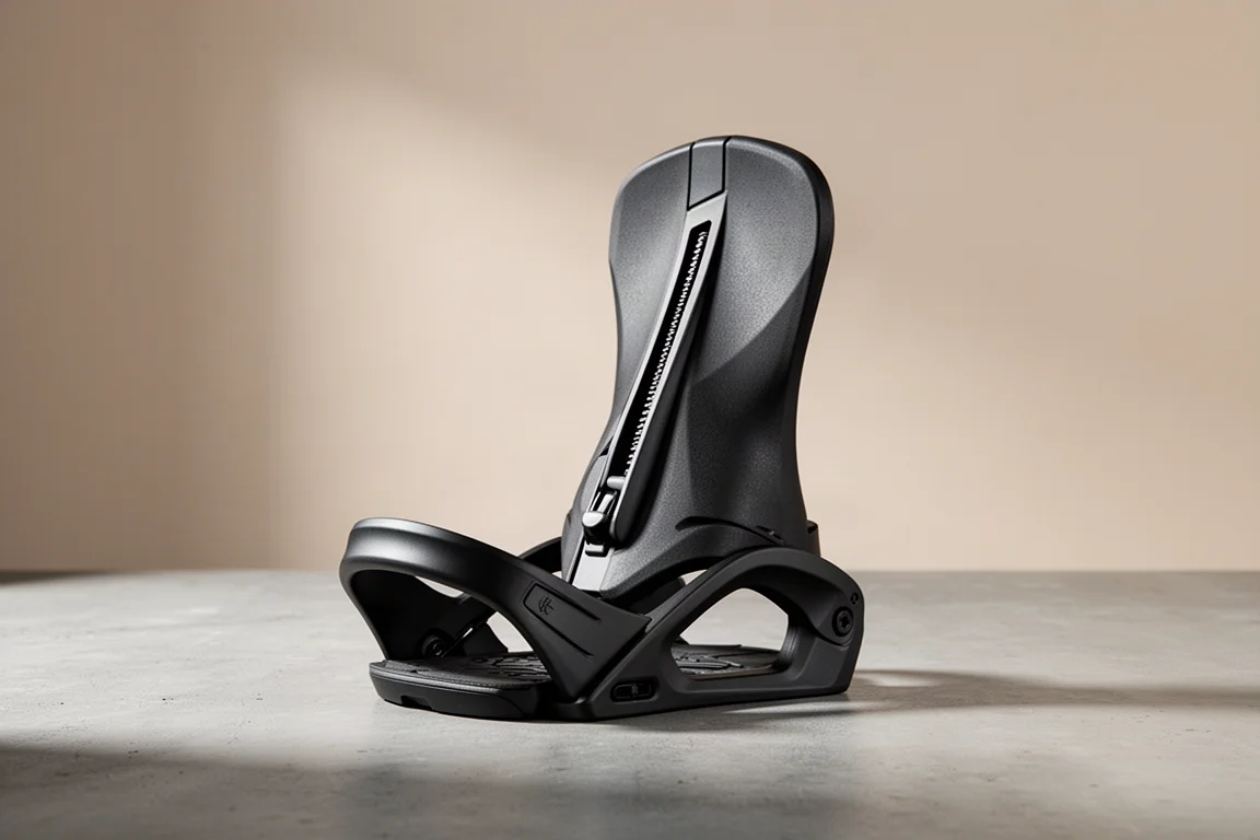 Asymmetrischer Snowboard-Binding-Highback mit geschwungenen Flügeln und zentralem Steg auf Beton