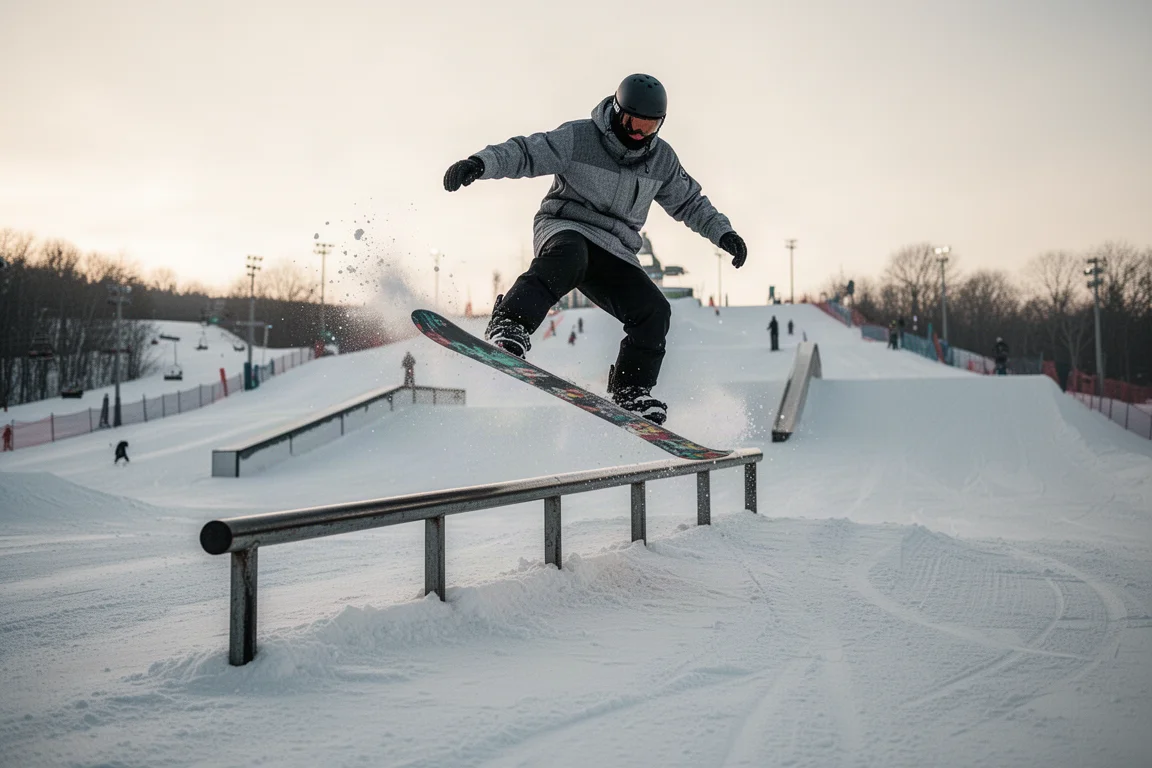 Snowboarder die balanceert op een parkfeature in zacht namiddaglicht