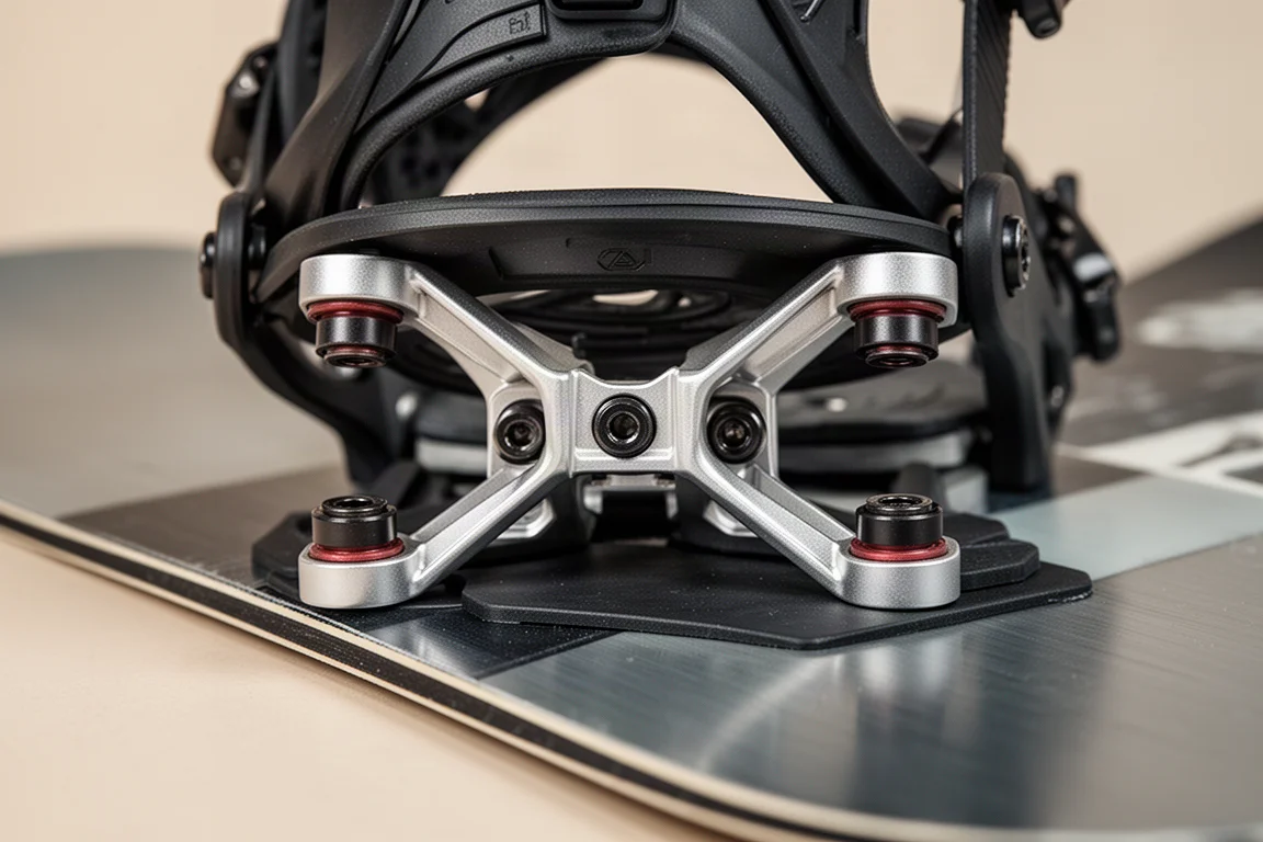 Close-up van bushings en hanger van een snowboardbinding met zichtbaar energieoverdracht-hardware