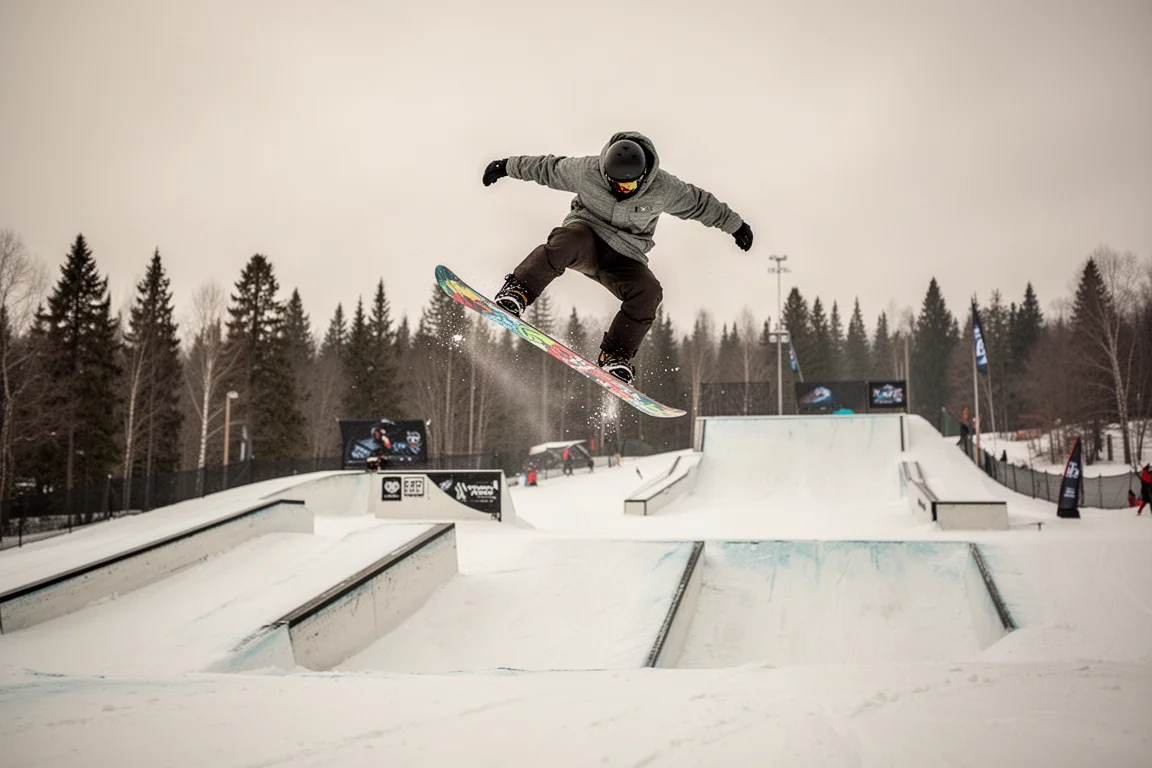 Snowboarder trekt een grab midden in de lucht boven een jumpline