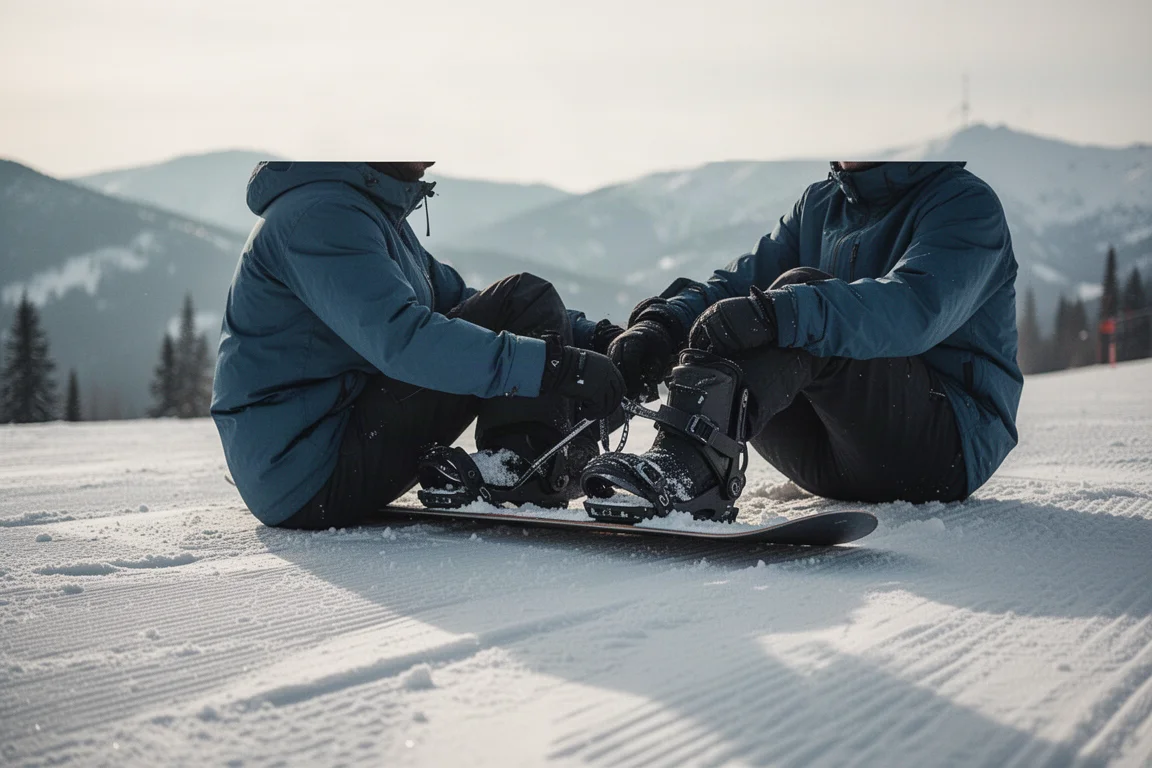 Rider die bindings vastmaakt op een piste bij een stoeltjeslift op een lange sneeuwdag