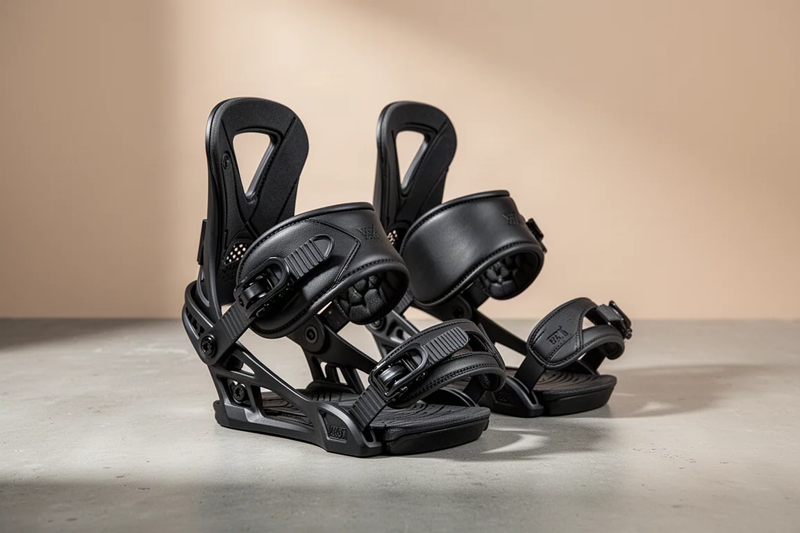 Paar stealth-zwarte snowboardbindings op een mat betonnen oppervlak
