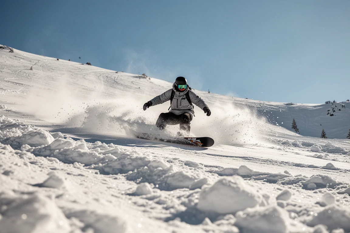 Snowboarder che traccia una curva nella neve primaverile fangosa su una pista soleggiata