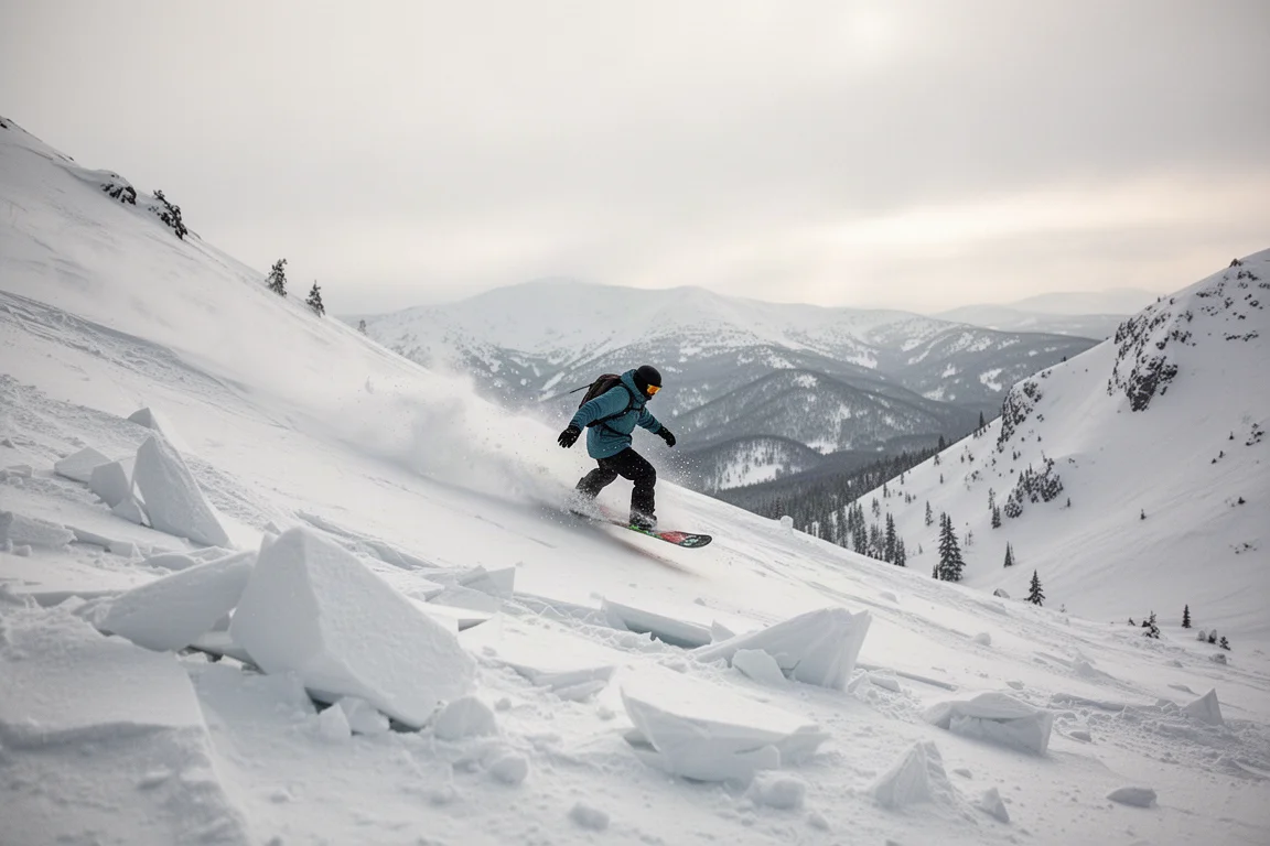 Snowboarder che scende su terreno freeride ripido con luce fredda