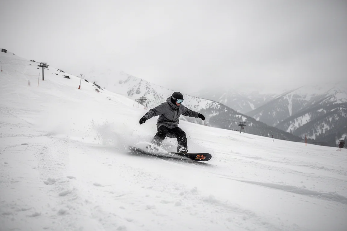 Snowboarder in curva nella neve molle primaverile su un pendio di montagna