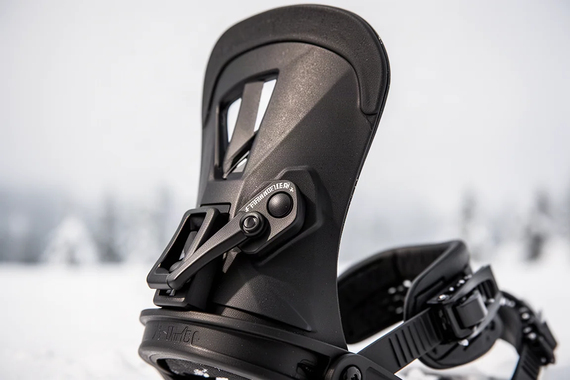 Primo piano di highback e regolatore di forward lean di un attacco snowboard