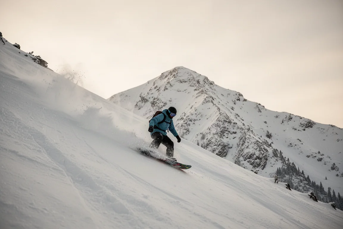 Snowboarder con la tavola puntata a valle su una linea freeride ripida