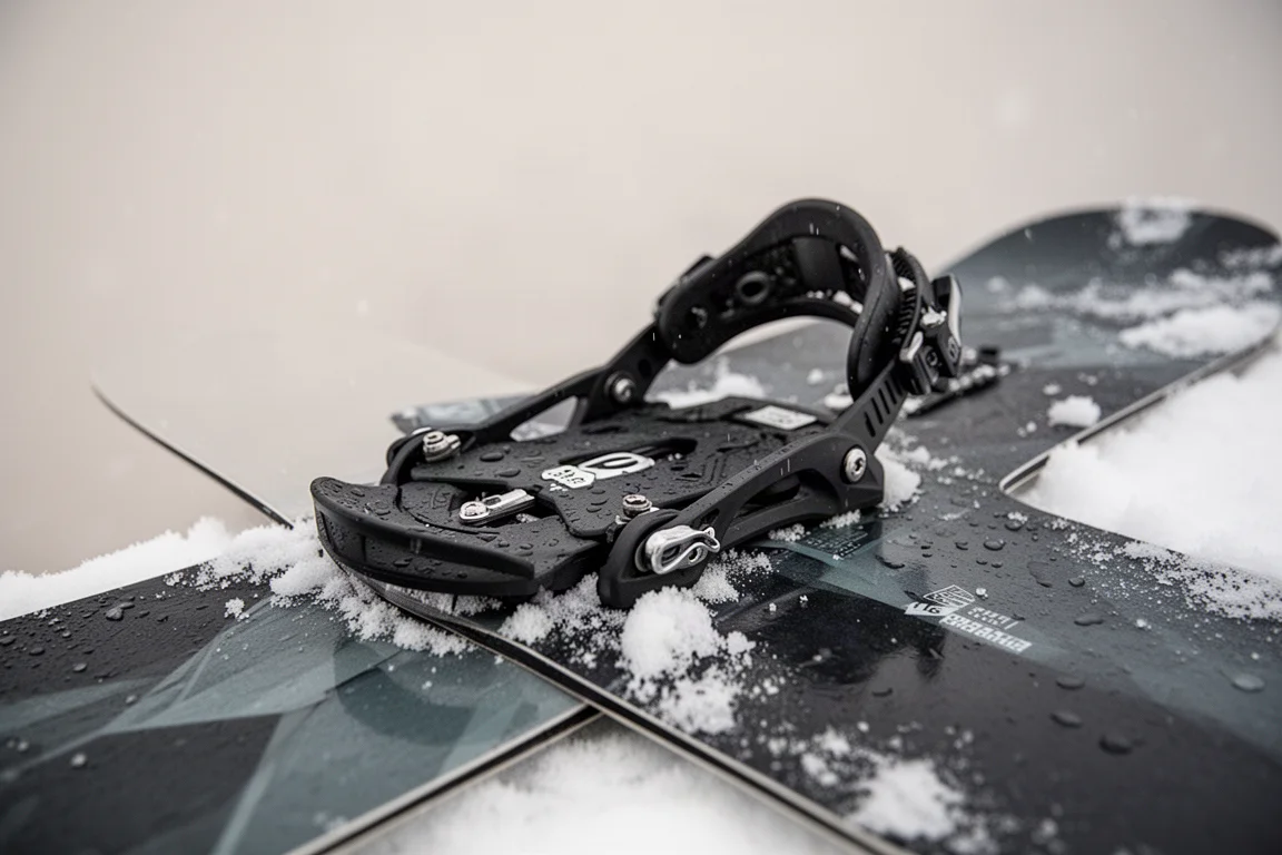 Attacco montato su una baseplate di snowboard visto da sotto il piede