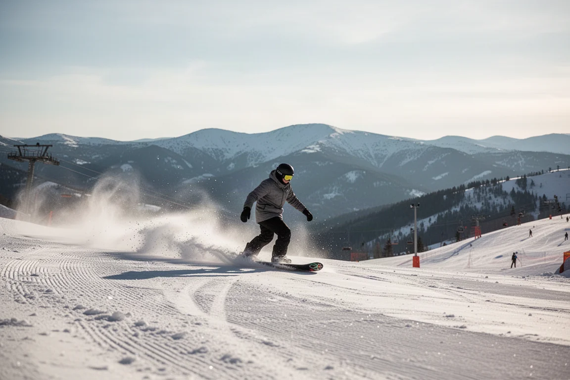 Snowboarder che traccia una curva su una pista battuta assolata