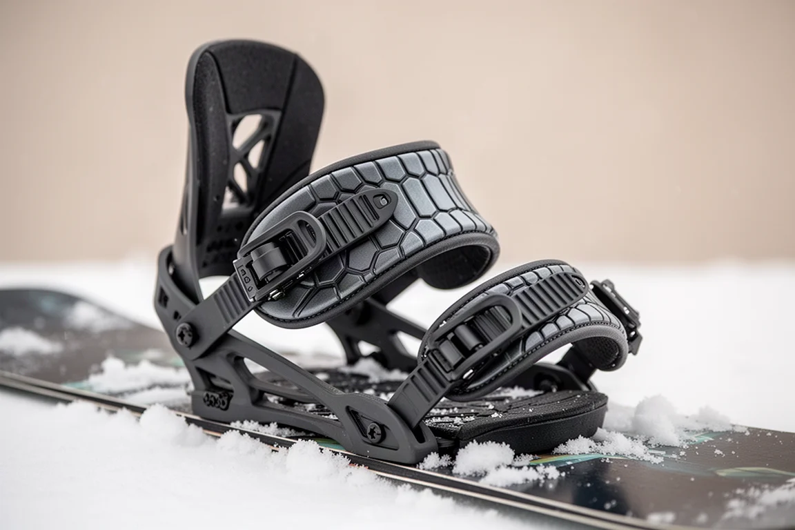 Primo piano del cinturino da caviglia e della chiusura a cricchetto di un attacco da snowboard