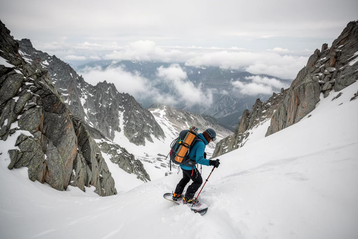 Snowboarder che cammina verso una discesa alpina ripida oltre il limite degli alberi