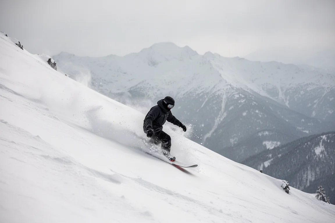 Snowboarder carvt door diepe poedersneeuw op een steile berghelling