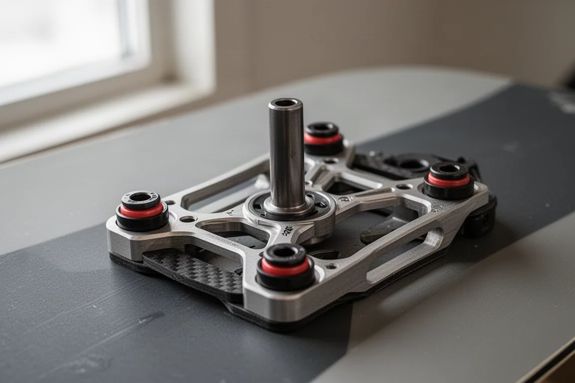 Close-up van een snowboardbinding-chassis met hoekbushings en centrale pin