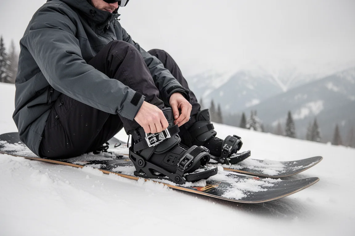 Rider klikt zich vast in een snowboardbinding op een besneeuwde piste