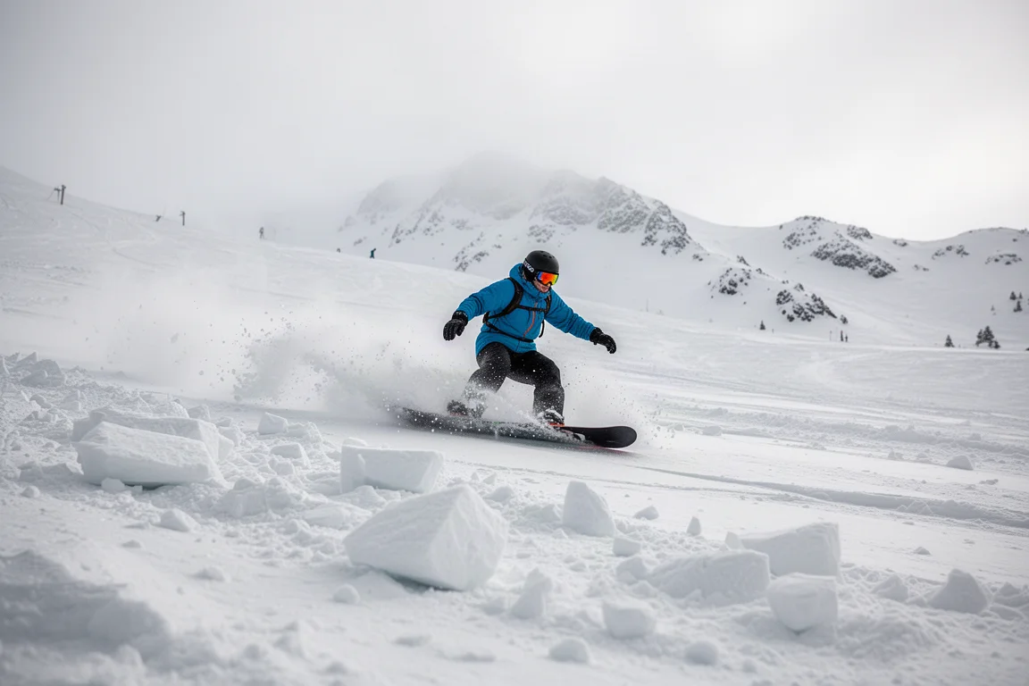 Snowboarder raast met hoge snelheid door ruig, gebroken terrein met wisselende sneeuw