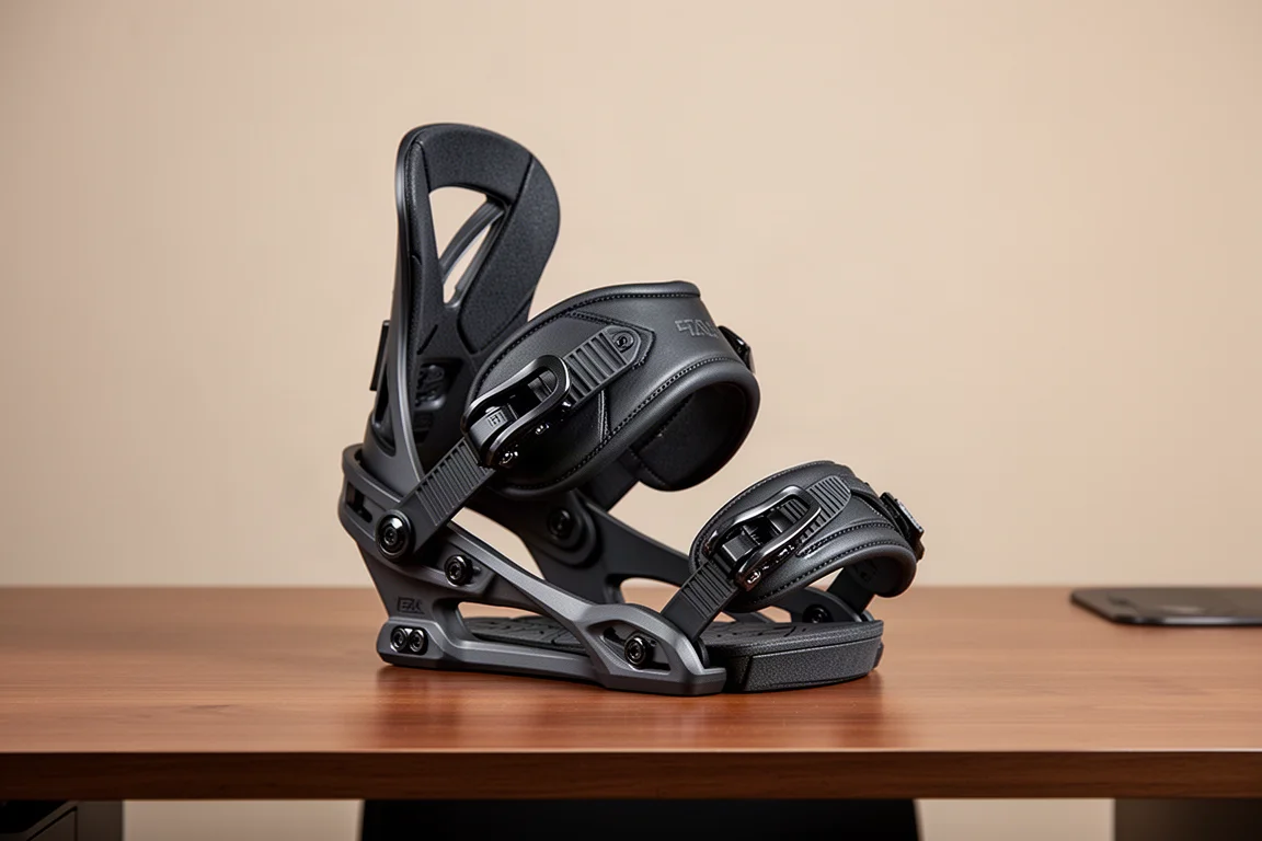 Now Drive snowboardbinding met zwart chassis en gevoerde enkelband op een houten ondergrond
