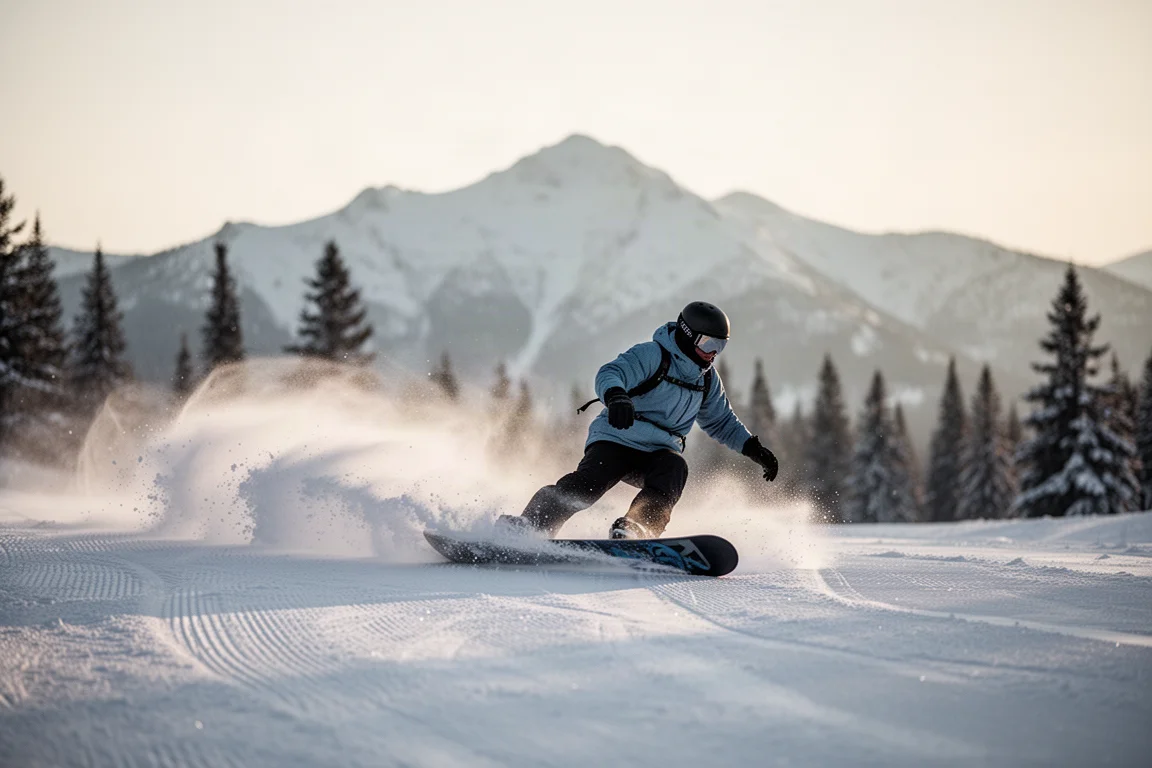 Snowboarder trazando un giro fuerte sobre el canto del talón en nieve pisada con spray de nieve