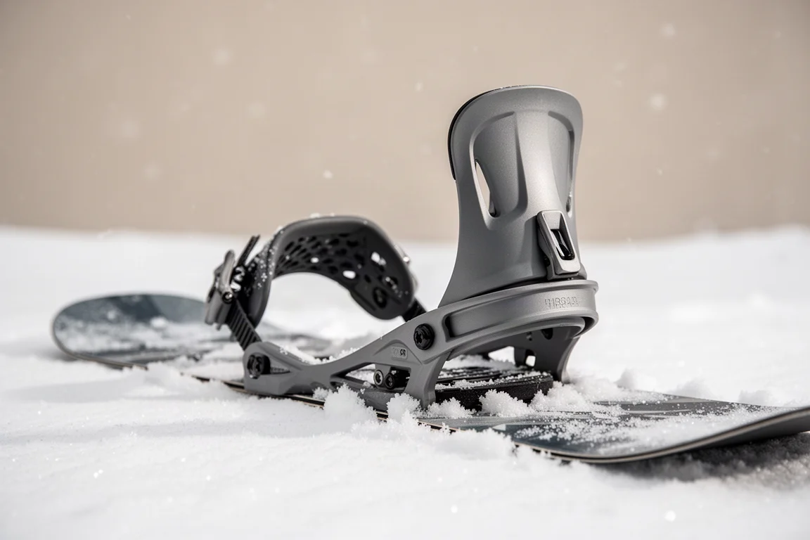 Primer plano de un highback de fijación de snowboard sobre una tabla apoyada en nieve polvo