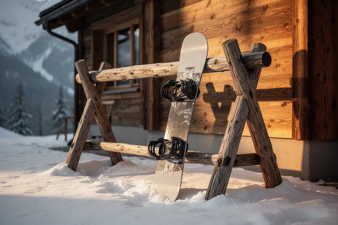 Tabla de snowboard apoyada en un rack de madera en una estación de montaña con luz dorada