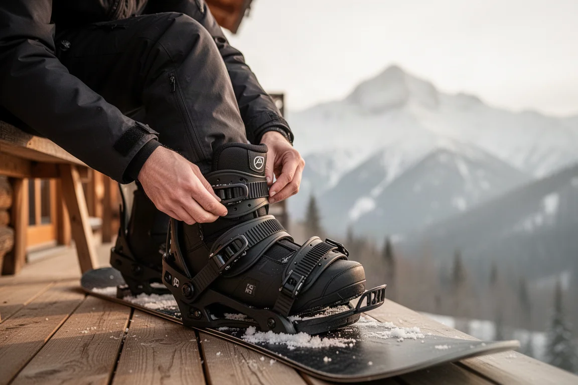Snowboard binding straps being adjusted over a boot on a wooden deck