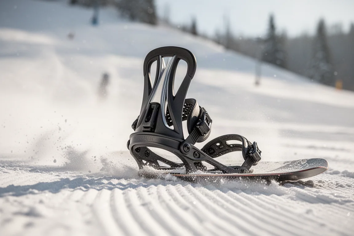 Close-up of a binding highback flexing laterally during a heelside carve