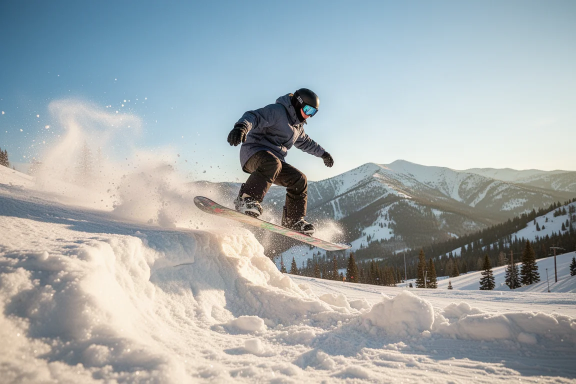 Rider landing a small drop on a spring snowboard run