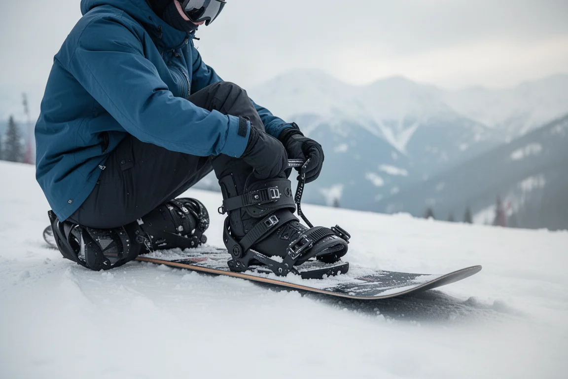 Snowboarder schnallt sich an einem verschneiten Hang bei weichem Tageslicht in eine Binding