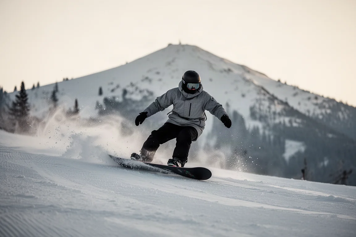 Snowboarder flext bei einer Carve-Fahrt auf einer präparierten Piste