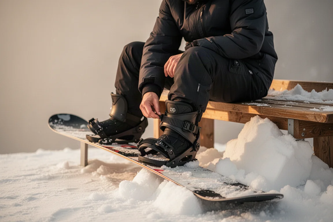 Fahrer justiert Binding-Straps auf einer Bank am Fuß eines Skigebiets