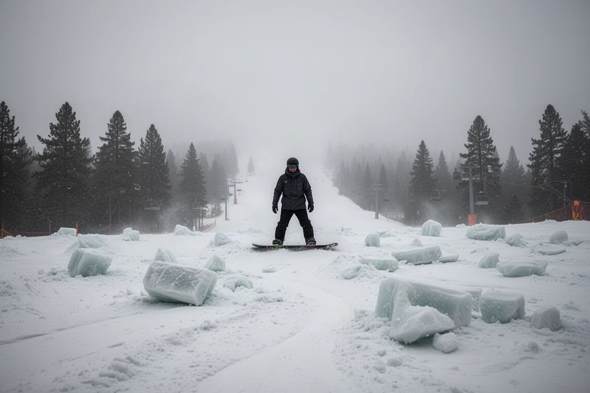 滑雪者在灰暗天空下站在雪场雪道顶端，脚下是粗糙的结冰积雪
