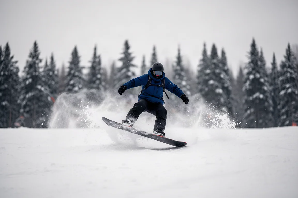 滑雪者在山间雪场软雪上以松散的搓擦转弯滑行
