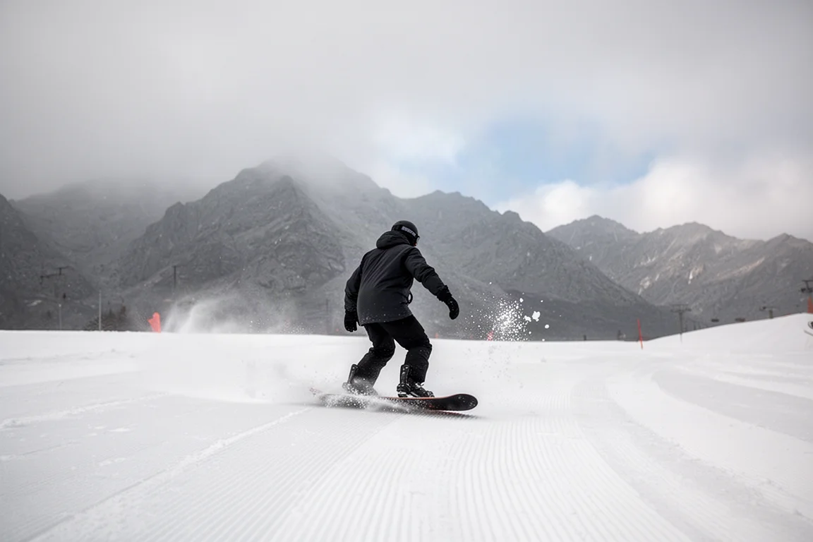 Snowboarder trazeando sobre corduroy helado bajo una luz llana y cubierta