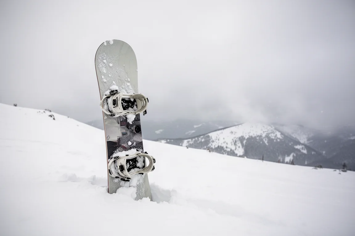 Tabla de snowboard clavada de canto en la nieve sobre una ladera gris a media montaña