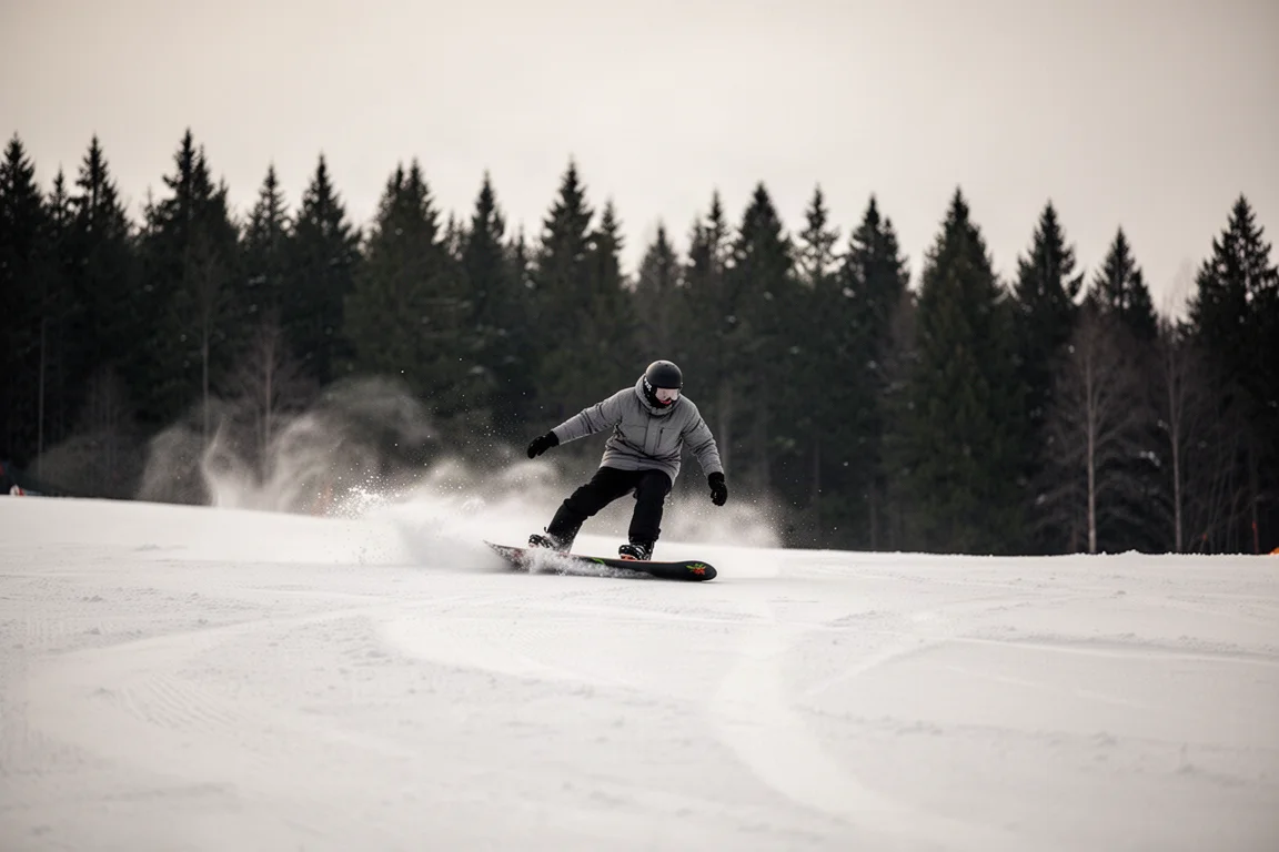 Snowboarder a mitad de giro en una pista ancha y pisada, con luz suave