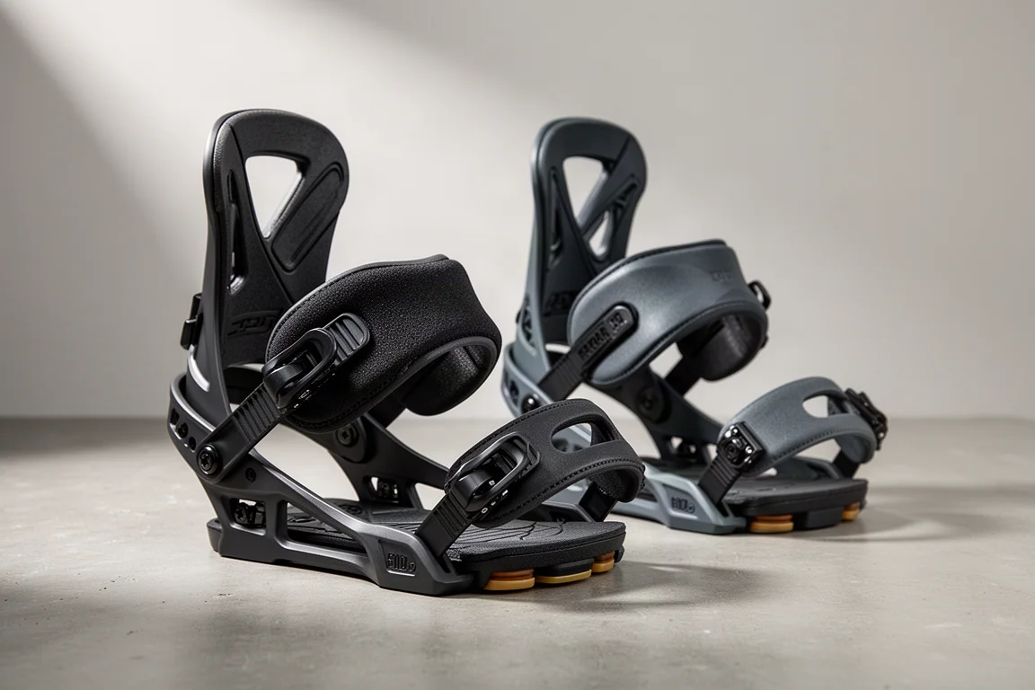 Pair of matte black snowboard bindings with foam heel straps on a concrete surface