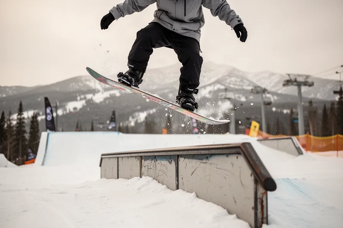 Snowboarder che preme lo snowboard in piano su un modulo del park preparato