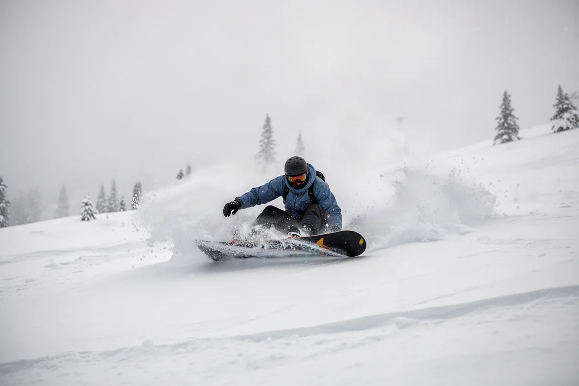 Snowboarder che traccia curve profonde in stile surf nella neve fresca del backcountry