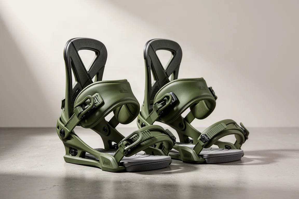 Pair of army green snowboard bindings on a concrete surface
